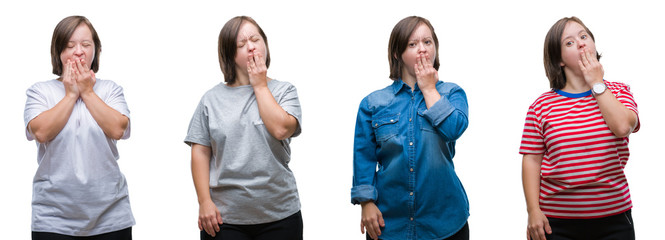 Collage of down sydrome woman over isolated background bored yawning tired covering mouth with hand. Restless and sleepiness.