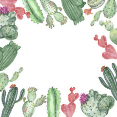 Watercolor round frame of cacti and succulents.
