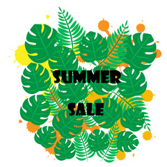 Vector illustration banner design template with tropical palm leaves, plants and with ink drops. Summer sale text.