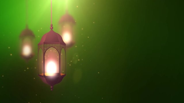 Ramadan candle lantern falling down hanging on string green background