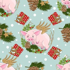 Seamless pattern with Christmas pig on winter background.  For printing on fabric, postcards, paper. Vector illustration.