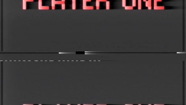 Analog VHS tape distortion: a flashing text with the words Player One. Red on black, blocky 8-bit characters, faded color tone.
