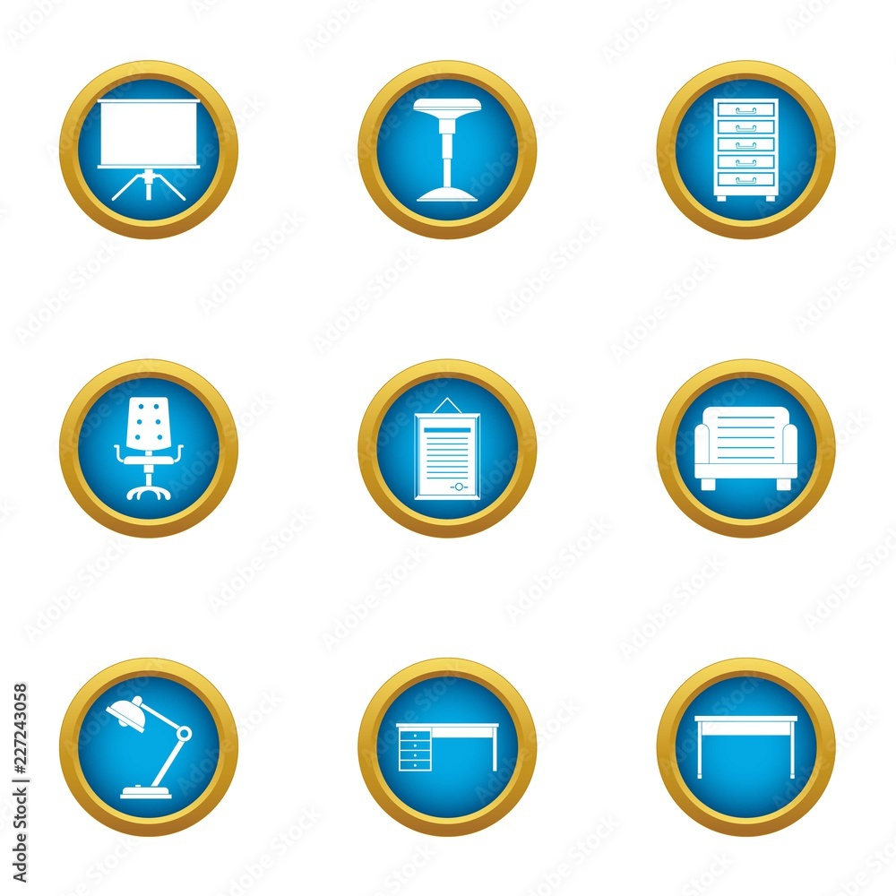 Poster work desk icons set. flat set of 9 work desk vector icons for web isolated on white background