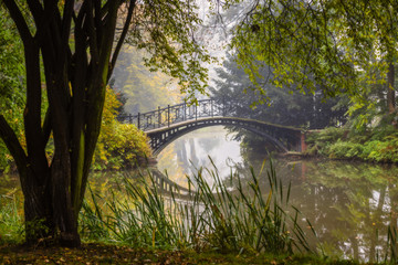 Scenic view of misty autumn landscape with beautiful old bridge in the garden with red maple foliage.