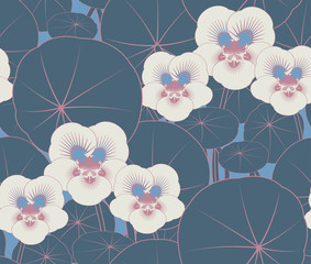 exotic flower field seamless pattern in night blue ivory shades