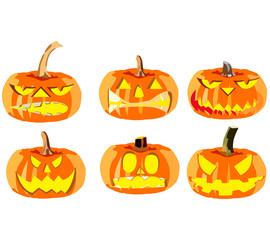 Set of six pumpkins for Halloween, objects isolated on white background