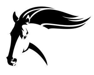 running wild horse with flying mane - mustang head black and white vector design