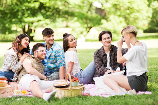 friendship, leisure and technology concept - group of happy smiling friends photographing at picnic in summer park