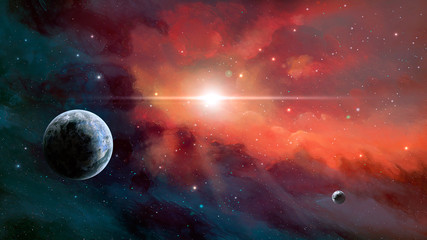 Naklejka na ściany i meble Space scene. Colorful nebula with two planet. Elements furnished by NASA. 3D rendering
