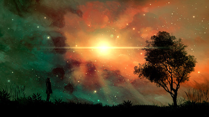 Space scene. Colorful nebula with girl, land and tree silhouette. Elements furnished by NASA. 3D rendering