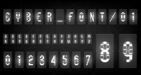 Futuristic vector Font design. Letters and Numbers for web and app. Techno font alphabet. Digital hi-tech symbols for HUD interface and cyberspace. Set of numbers and symbols for lamp o'clock