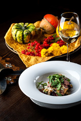 Veal Salad. Autumn composition with pumpkin. halloween