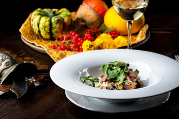 Veal Salad. Autumn composition with pumpkin. halloween