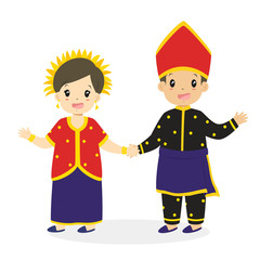 Happy Indonesian children wearing West Nusa Tenggara traditional dress, holding hands cartoon vector