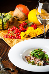 Veal Salad. Autumn composition with pumpkin. halloween