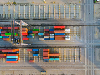 Aerial view of containers at railway near port. Industrial background. Industry from above. transportation and business Thailand concept.