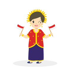 Fototapeta premium Happy Indonesian girl wearing West Nusa Tenggara traditional dress and holding an Indonesian flags in both hands cartoon vector