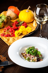 Veal Salad. Autumn composition with pumpkin. halloween