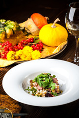 Veal Salad. Autumn composition with pumpkin. halloween