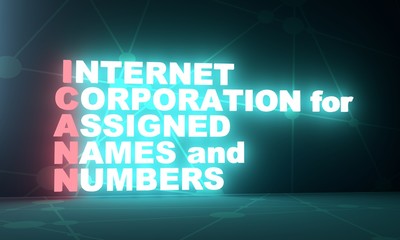 Acronym ICANN - Internet Corporation for Assigned Names and Numbers. Internet conceptual image. 3D rendering. Neon bulb illumination