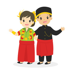 Happy Indonesian children wearing West Sulawesi traditional dress and waving their hands cartoon vector