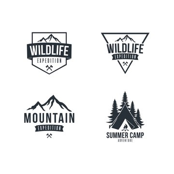 Black and White Mountain Explorer Adventure Badge Vector Template Design Set