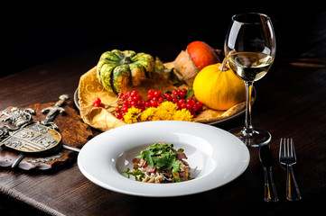 Veal Salad. Autumn composition with pumpkin. halloween