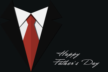 Black men's suit, white shirt and red tie. Inscription Father's Day