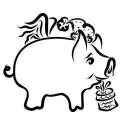 Funny fat winged pig in a hat and with a gift