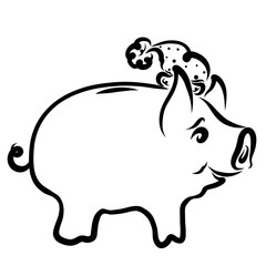 Funny fat piggy bank in a hat, black outline