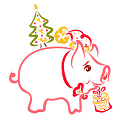 Festive little piglet with a gift and a Christmas tree on the back