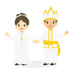 Happy Indonesian children wearing North Sulawesi traditional dress and waving their hands cartoon vector
