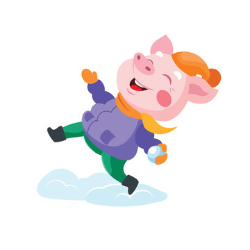 Pig in winter clothes plays snowballs. Vecto