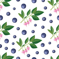 Seamless pattern with blueberries, sprigs, flowers. Vector
