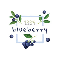 Label with blueberries and leaves. Vector illustration