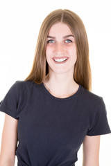 portrait young woman in blue shirt smiling and happy in white background