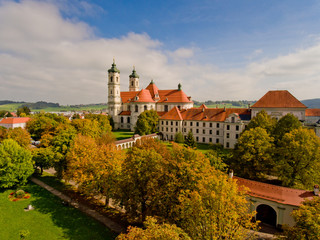 Aerial view of a church in a typical european city.