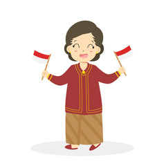 Fototapeta premium Happy Indonesian girl wearing West Javanese traditional dress and holding an Indonesian flags in both hands cartoon vector