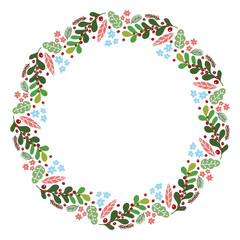Christmas Hand Drawn Wreath with Round Frame for Cards Design Vector Layout with Copyspace Can be use for Decorative Kit, Invitations, Greeting Cards, Blogs, Posters, Merry X’mas and Happy New Year. - 227251036