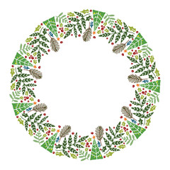 Christmas Hand Drawn Wreath with Round Frame for Cards Design Vector Layout with Copyspace Can be use for Decorative Kit, Invitations, Greeting Cards, Blogs, Posters, Merry X’mas and Happy New Year.