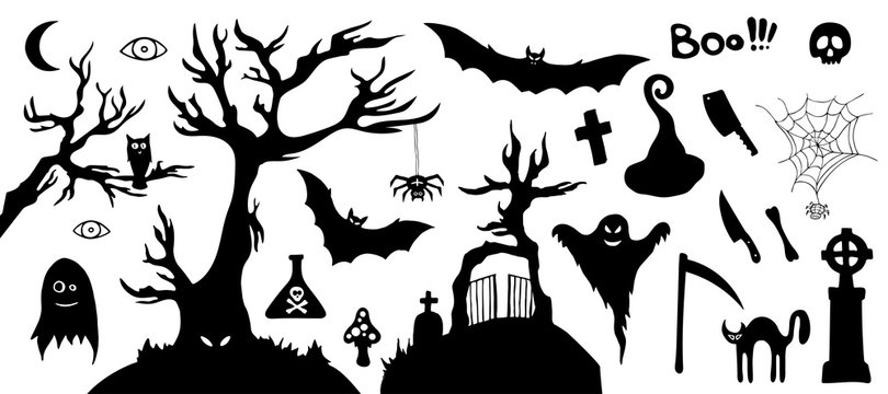 Set of silhouette horror images of a Halloween.