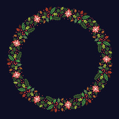 Christmas Hand Drawn Wreath with Round Frame for Cards Design Vector Layout with Copyspace Can be use for Decorative Kit, Invitations, Greeting Cards, Blogs, Posters, Merry X’mas and Happy New Year.