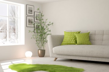 White room with sofa and winter landscape in window. Scandinavian interior design. 3D illustration