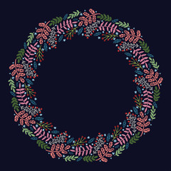 Christmas Hand Drawn Wreath with Round Frame for Cards Design Vector Layout with Copyspace Can be use for Decorative Kit, Invitations, Greeting Cards, Blogs, Posters, Merry X’mas and Happy New Year.