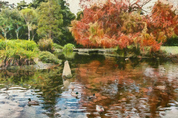 Photo of a  duck pond in a park in autumn modified to look like a Monet painting - 227252435
