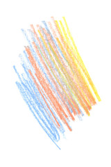 Blue, orange and yellow scribbles hand drawn with pencil on clean white background