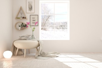 White empty room with modern table and  winter landscape in window. Scandinavian interior design. 3D illustration