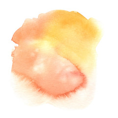 Fototapeta premium Warm peach orange and yellow stain painted in watercolor on clean white background