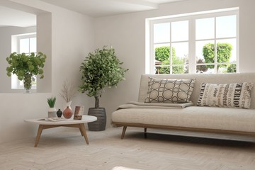 Idea of white room with sofa and summer landscape in window. Scandinavian interior design. 3D illustration