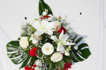 top view of wedding car white bouquet for marriage